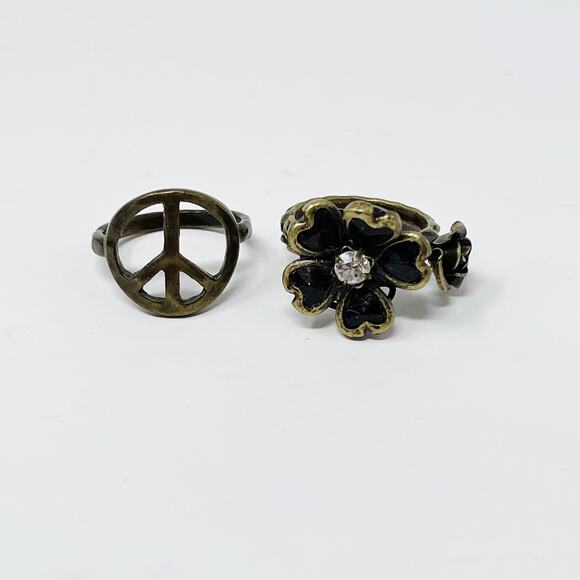 Set of 2 Brass Gold Tone Fashion Rings Peace Sign Floral Gemstone Size 5 and 6 - Picture 1 of 8